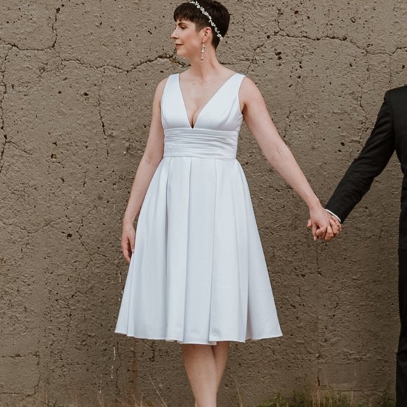 Satin V-neck Tea Length A-line White Wedding Dress - Picture 1 of 3